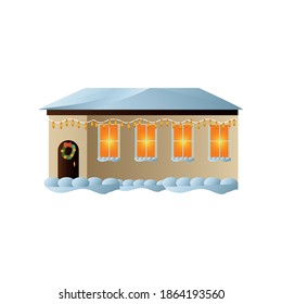 merry christmas, house with lights bulb wreath and snow on white background vector illustration