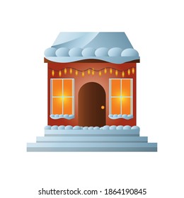 merry christmas, house with lights bulbs and snow in roof on white background vector illustration
