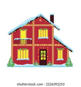 Merry christmas house at night. Red country house covered in snow and decorated with garlands and Christmas decorations. Vector illustration in a flat style on a white background.