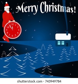 Merry Christmas! House on the Edge of the Universe and Santa Claus with a clock under Starry Sky. Vector Illustration