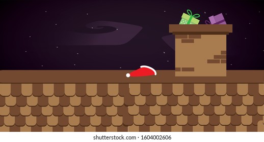 Merry Christmas house roof with fireplace and gift