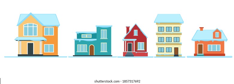 Merry Christmas house with snow. Winter christmas house, snow covered decorated building. Cozy, fabulous, colorful houses with smoking chimneys, in a snow-covered town. Vector illustration