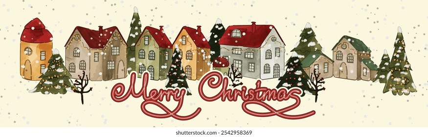 Merry Christmas. Christmas houses. Winter houses for Christmas and New Year fabrics and decor. Vector watercolor style illustration.