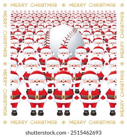 Merry Christmas. A huge group of Santa Claus with a Baseball ball. Funny sports greeting card. Vector illustration.