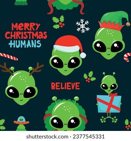 Merry Christmas humans - Cute green cartoon alien seamless pattern. Handwritten ufo quote, hand drawn doodle with funny character. Doodle design and lettering.