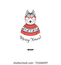 Merry Christmas Husky Dog Portrait