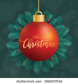 Merry christmas icon with ball on blue background