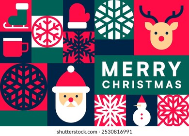 Merry Christmas Icon Collage with Festive Winter Symbols and Holiday Elements Vector Illustration