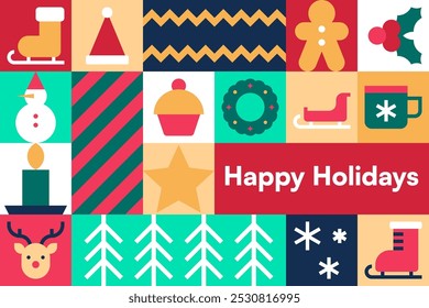 Merry Christmas Icon Collage with Festive Winter Symbols and Holiday Elements Vector Illustration