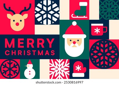 Merry Christmas Icon Collage with Festive Winter Symbols and Holiday Elements Vector Illustration