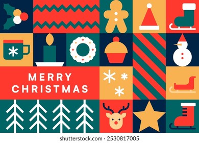 Merry Christmas Icon Collage with Festive Winter Symbols and Holiday Elements Vector Illustration