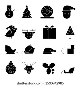 Merry Christmas Icon Collection. Vector illustration of black flat style. Winter vacation. Collection of Objects with white background