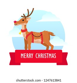 Merry Christmas icon design template with reindeer and red banner. Vector illustration. cartoon flat style.