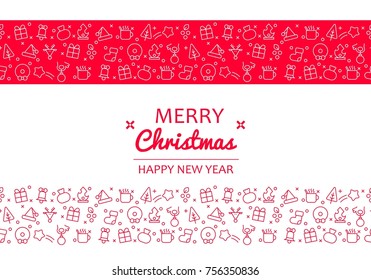 Merry Christmas icon elements.  Seamless red ornament. Christmas and New Years Greeting Card.  Vector illustration for postcards, posters, prints, banners.