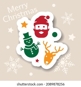 Merry Christmas icon. Holiday xmas symbols. Isolated sticker. Happy new year icons, web banner. Flat vector illustration. Santa, snowmen, deer