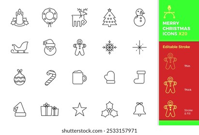 Merry christmas icon set. 20 vector editable festive seasonal graphic elements