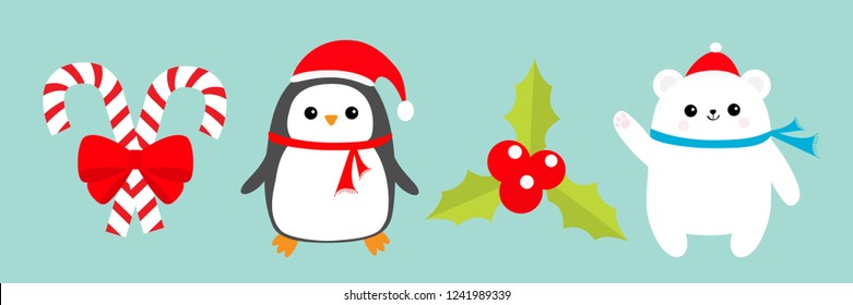 Merry Christmas icon set. Candy Cane stick with red bow. Penguin bird, white polar bear cub wearing Santa Claus hat, scarf. Holly berry Mistletoe. Blue background. Flat design. Vector illustration