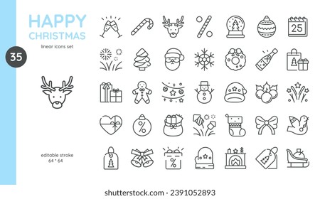 Merry Christmas Icon Set. Candy cane, Santa Christmas Reindeer, Celebrating Champagne Glasses, Midnight Clock, Festive Fireworks, Christmas Sale. Isolated Winter New Year Holidays Signs Collection.