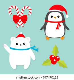 Merry Christmas icon set. Candy Cane stick with red bow. Penguin bird, white polar bear cub wearing Santa Claus hat, scarf. Holly berry Mistletoe. Flat design. Blue background. Vector illustration