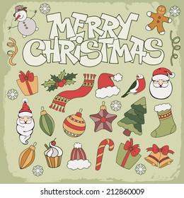 Merry Christmas icon set in doodle style