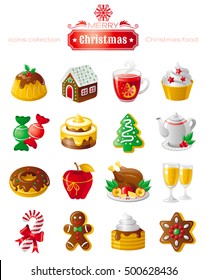 Merry Christmas Icon Set. Holiday Dinner Food Icons. Dessert Cake, Gingerbread House Man, Xmas Tree, Champagne, Candy Cane, Roast Chicken. Festive Poster Design Element, Flat Symbol. Isolated On White