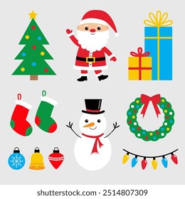 Merry Christmas icon set. Santa Claus, snowman, fir tree, gift box, Santa socks, toys, Christmas light Lightbulb glowing garland, door wreath. Cute character. Flat design. White background. Vector