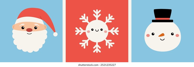 Merry Christmas icon set. Santa Claus, snowman, snow flake face head. New Year. Cute cartoon funny kawaii character. Childish style. Greeting card, sticker print. Flat design. Blue background. Vector