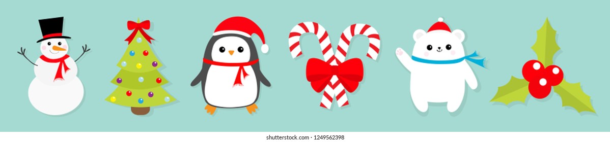 Merry Christmas icon set. Snowman Candy Cane stick red bow. Penguin bird, white polar bear cub wearing Santa Claus hat, scarf. Holly berry Mistletoe. Fir-tree Flat design. Blue background. Vector