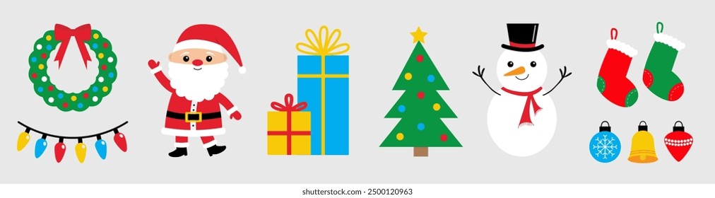 Merry Christmas icon set. Snowman, Santa Claus, fir tree, gift box, Santa socks, ball toys, Christmas light Lightbulb glowing garland, door wreath. Cute character. Flat design. White background Vector