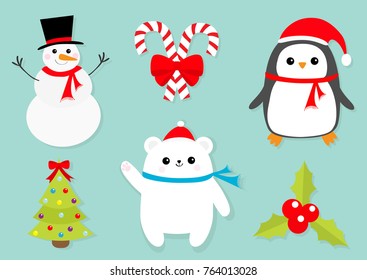 Merry Christmas icon set. Snowman Candy Cane stick red bow. Penguin bird, white polar bear cub wearing Santa Claus hat, scarf. Holly berry Mistletoe. Flat design. Fir-tree Blue background. Vector