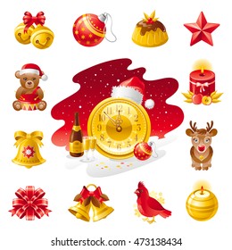 Merry Christmas icon set with winter holiday icons - bear toy, cake, red cardinal, reindeer, Santa hat, xmas ball decoration. Seasonal  design template vector illustration, white background