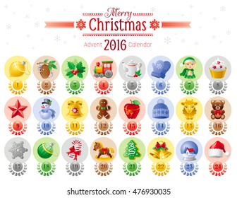 Merry Christmas icon set with Xmas icons, advent calendar 2016 background. Elegant modern holiday symbols, abstract template - candy cane, Santa hat, elf helper, apple, gift toy, tree, jingle bell