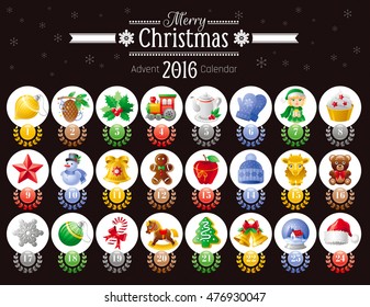 Merry Christmas icon set with Xmas icons, advent calendar 2016 background. Elegant modern holiday symbols, abstract template - candy cane, Santa hat, elf helper, apple, gift toy, tree, jingle bell