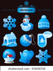 Merry Christmas icon set with Xmas icons, blue color on background. Elegant modern holiday symbols, abstract template - snowflake, snowman, winter hat, ice house, snow ball, smart phone, mittens