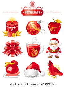 Merry Christmas icon set with Xmas icons, color on background. Elegant modern holiday symbols, abstract template - Santa hat, ball decoration, cardinal, red tea, candle, apple, sleigh with gift bag