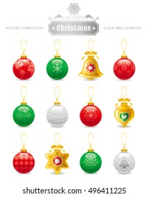 Merry Christmas icon set. Xmas cute cartoon flat icons. Balls, jingle bells, stars, snowflake decoration. Vector illustration. White background