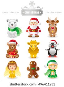 Merry Christmas icon set. Xmas cute cartoon flat characters. Bear, Santa Claus, reindeer, toy, lamb, penguin, angel, gingerbread man, helper elf. Modern vector illustration. White background