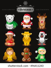 Merry Christmas icon set. Xmas cute cartoon flat characters. White bear, Santa Claus, reindeer, toy, lamb, penguin, angel, gingerbread man, helper elf. Vector illustration. Black background