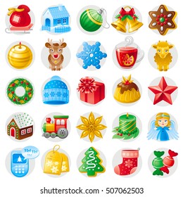 Merry Christmas icon set. Xmas holiday icons isolated on white. Santa Claus, house decoration, festive food, drink. Present, gift symbols - toy, dessert. Cookie tree, box, train,reindeer, snow angel