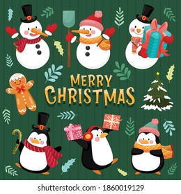 Merry Christmas icon with snowman, pine, leaves, gift boxes and penguins.