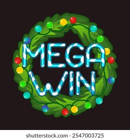 Merry Christmas icon or symbol for your game assets. Symbol Mega WIN for Christmas Themed Slots or games. Christmas wreath and candy Mega WIN