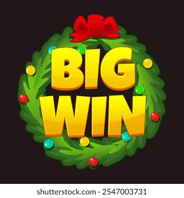 Merry Christmas icon or symbol for your game assets. Symbol BIG WIN for Christmas Themed Slots or games. Christmas wreath and Golden BIG WIN