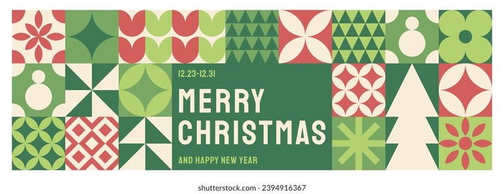 Merry Christmas icons with Bauhaus geometric pattern background, wallpaper. Holiday season, Trendy, contemporary abstract design. Modern style. Flat vector illustration.