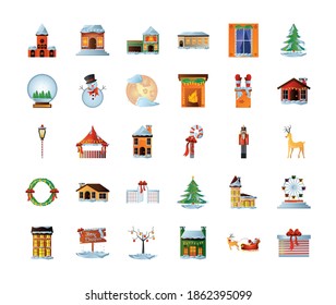 merry christmas icons collection with houses tree snowball snowman wreath deer and gift vector illustration