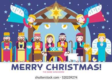 Merry Christmas icons flat set background. Vector birth of Christ illustration background concept.