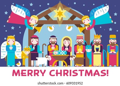 Merry Christmas icons flat set background. Vector birth of Christ illustration background concept.