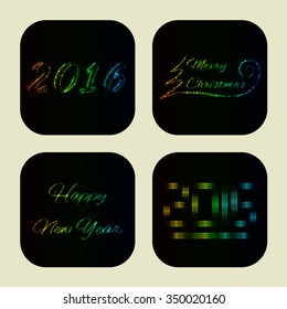 Merry Christmas icons of gradient lights on dark background, date and text