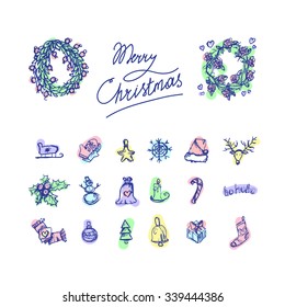 Merry Christmas icons. Happy new year symbols. Winter holiday signs. Vector