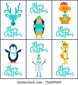 Merry Christmas, icons of hedgehog, head of reindeer, calmly sitting dog, penguin and snowman with ice-cream and fox isolated on vector illustration