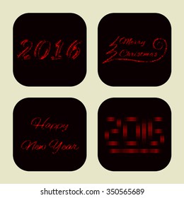 Merry Christmas icons of red lights on dark background, date and text